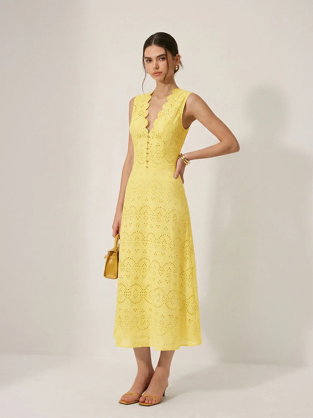 Commense Cotton Yellow Eyelet Midi Dress Scalloped V-Neck Sleeveless NWT Large